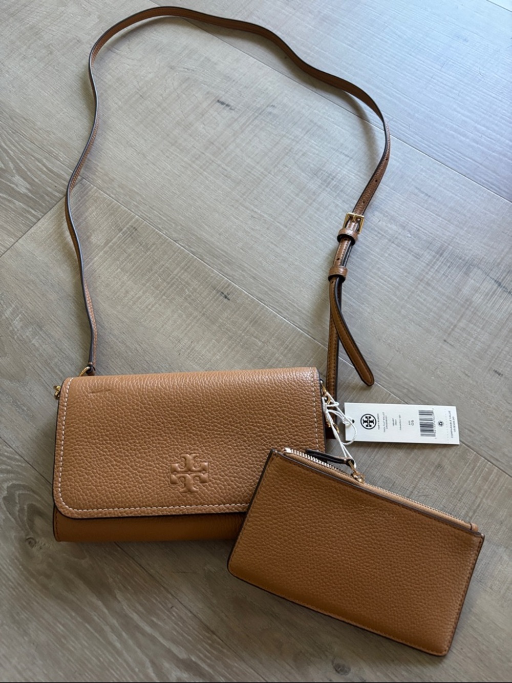 Tory Burch Cognac Pebbled Leather Crossbody with Card holder/coin purse insert